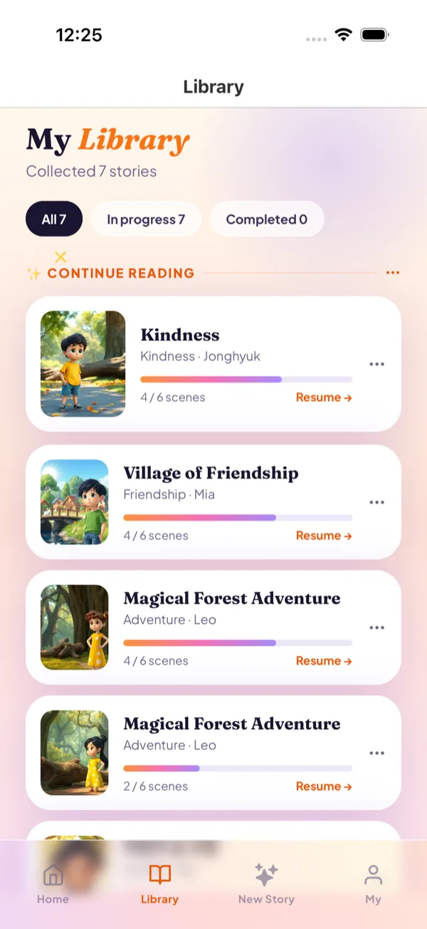 WonderTale library — every adventure saved to revisit